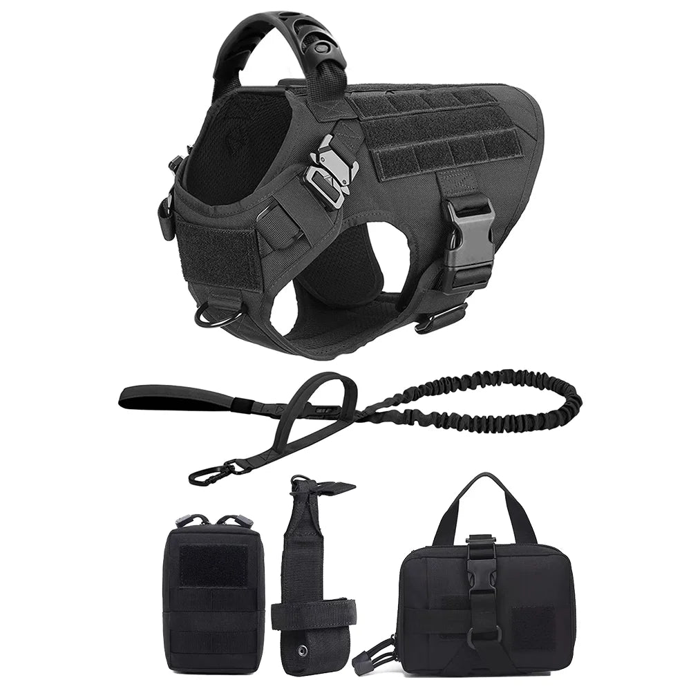 Adjustable Tactical Dog Harness With Leash And Detachable Pocket Pack