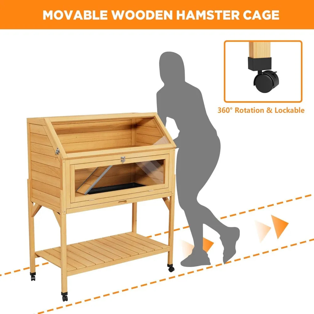 2 Story Wooden Hamster Cage On Wheels With Leakproof Tray