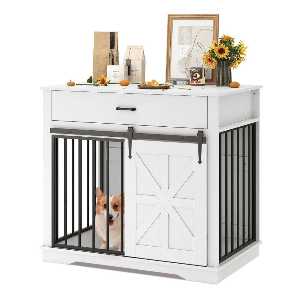 HiMISS Farmhouse 2 In 1 Iron Wood Dog Crate End Table