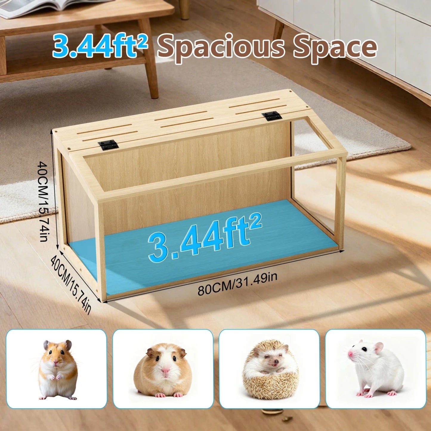 Natural Wooden Hamster Cage With LED Lighting Tabletop Pet Habitat