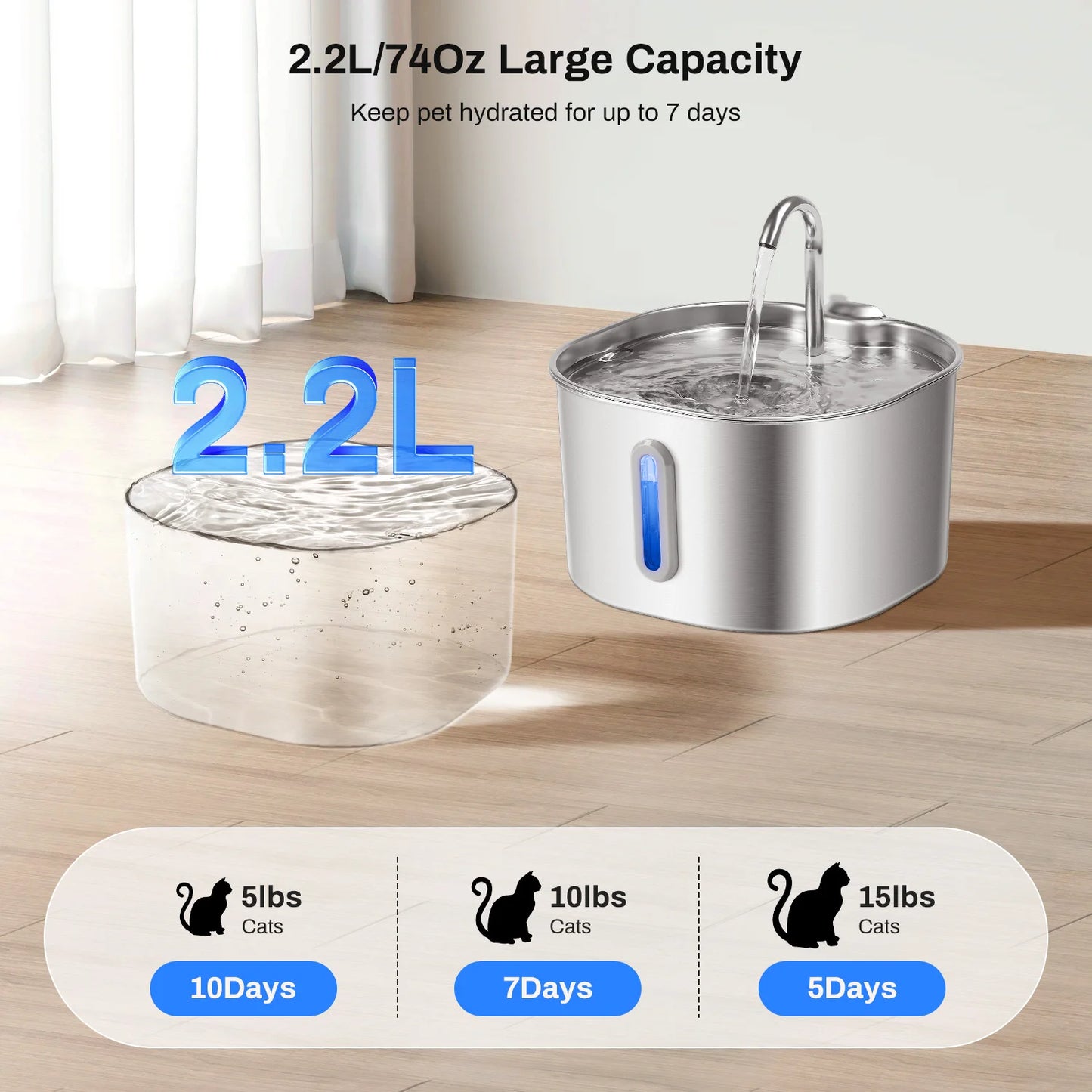 Stainless Steel Cat Water Fountain Ultra Quiet Multi Layer Filtration