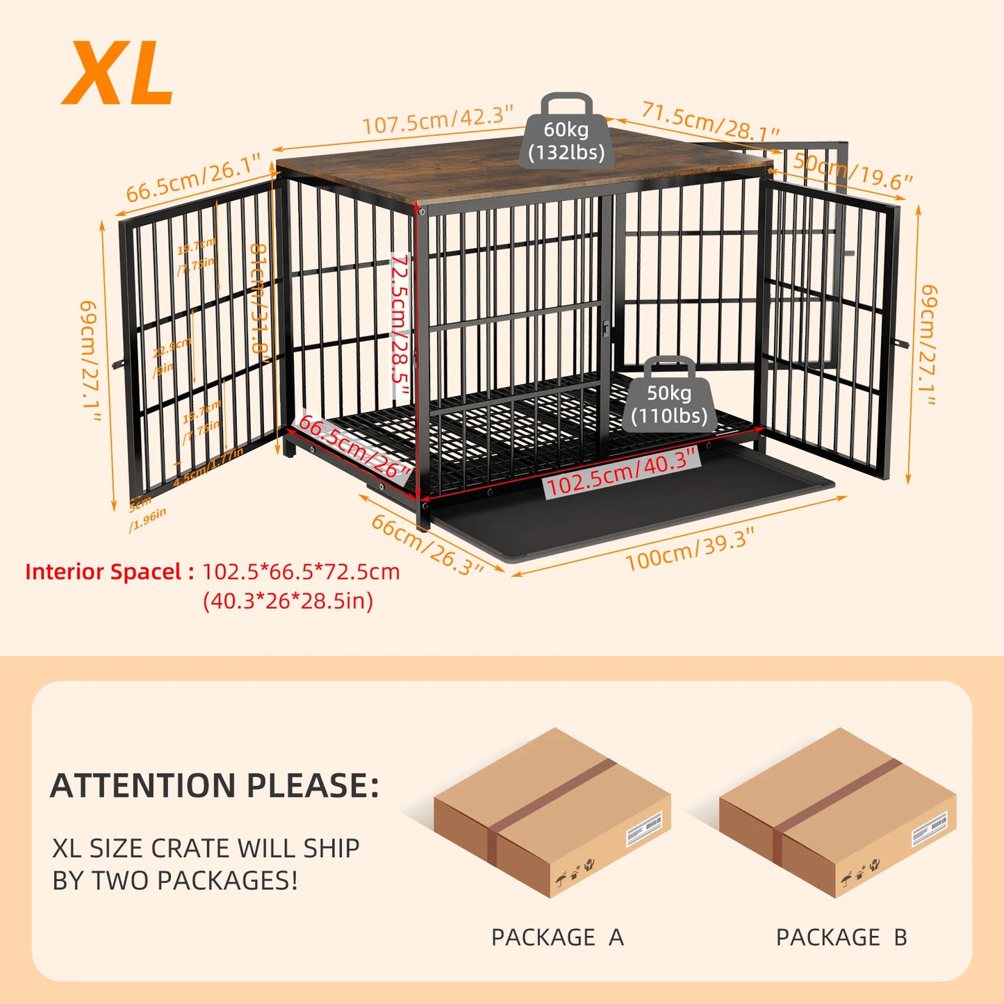 Furniture Style Dog Crate End Table With Three Doors In Metal And Wood