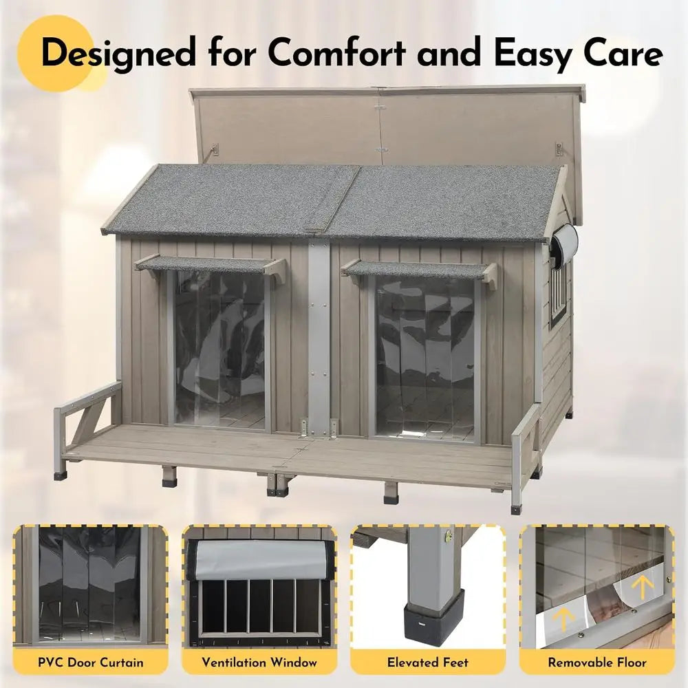 Weather Resistant Outdoor Wooden Dog House Two Doors Secure Enclosure
