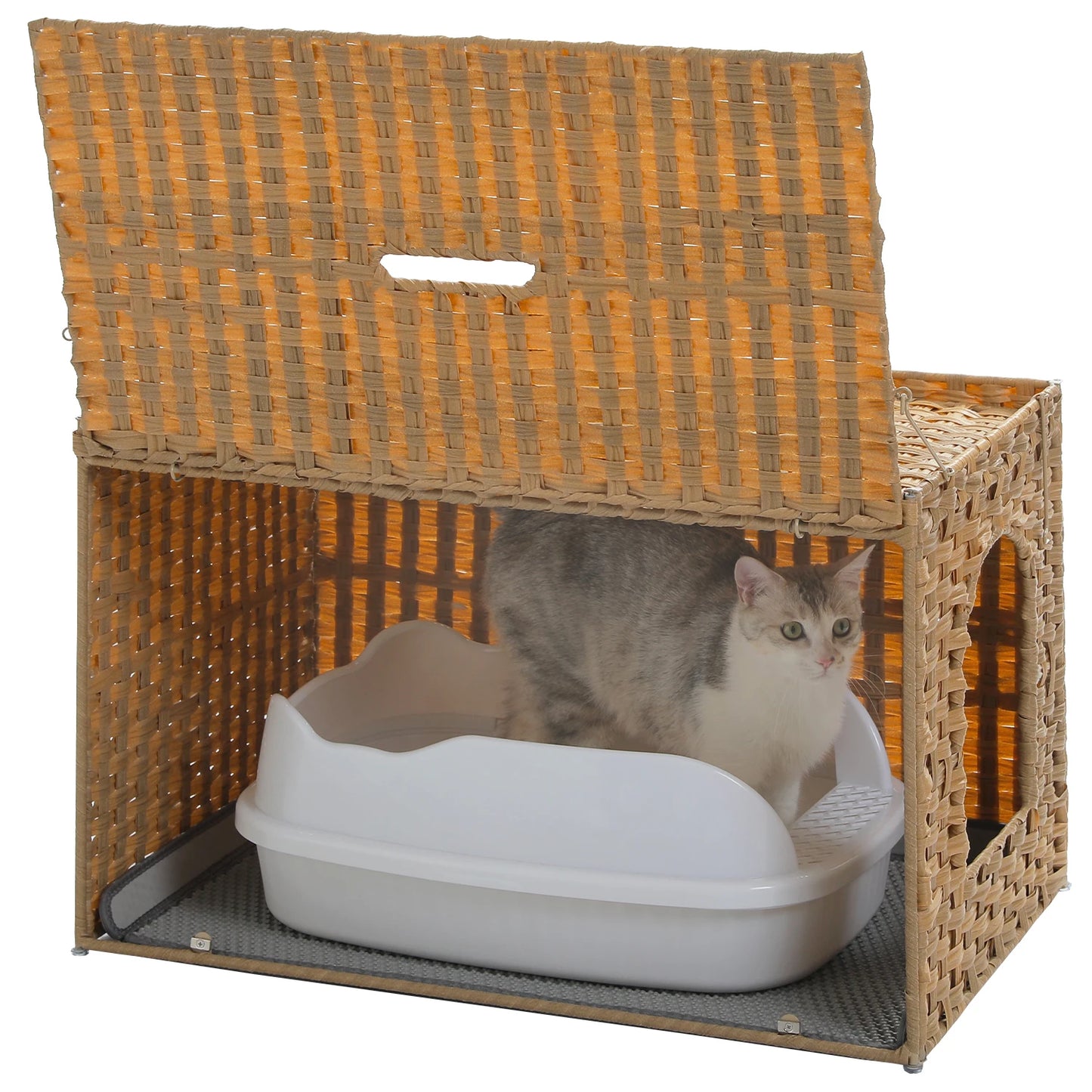 PEQULTI Rattan Cat Litter Box Enclosure With Flip-Up Door