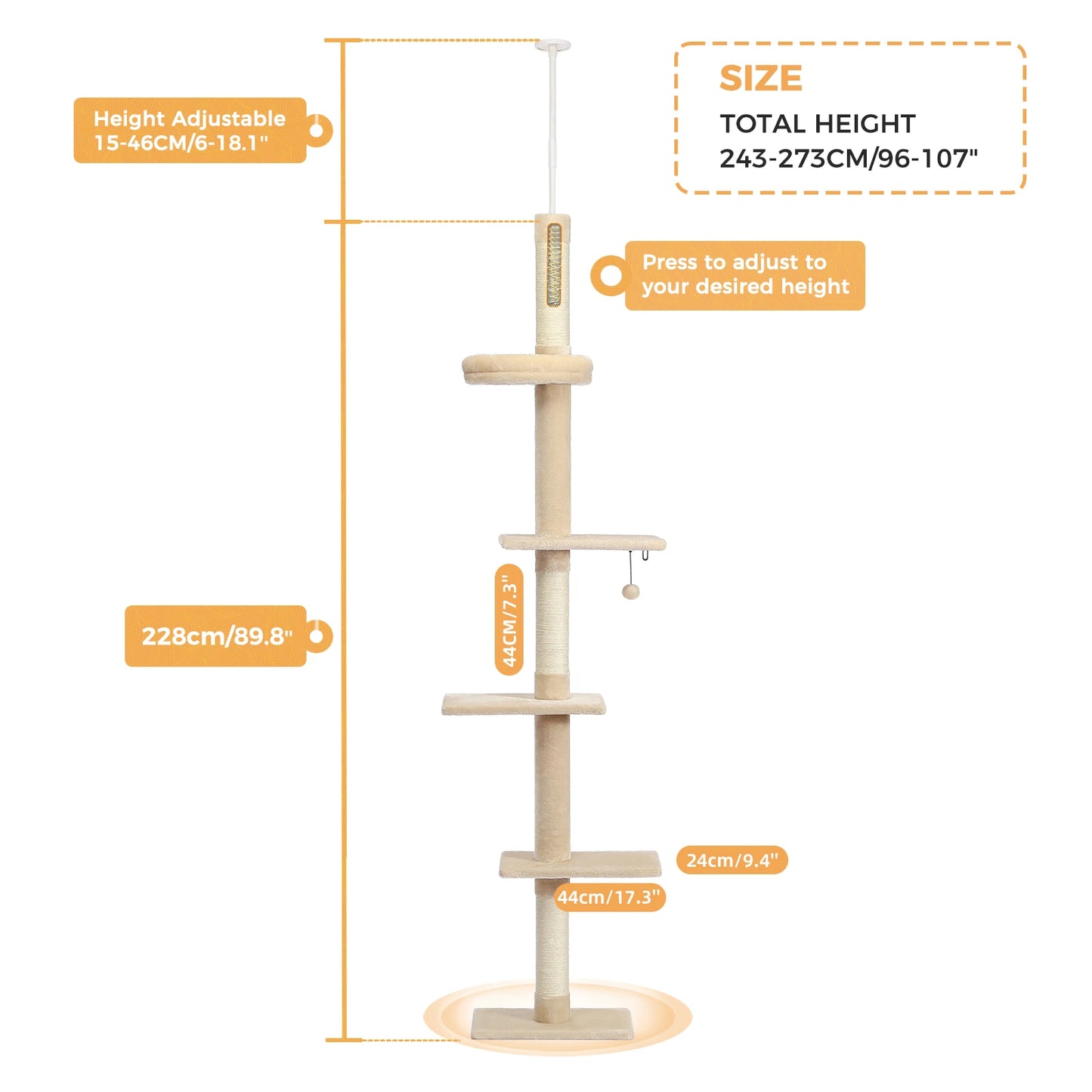Pequlti Adjustable Height Cat Tree Indoor Tower With Scratching Posts