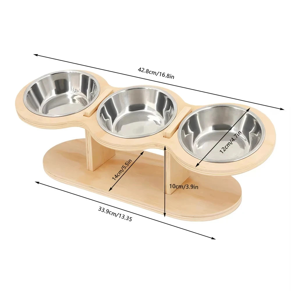 Elevated Cat Feeder With 3 Stainless Steel Bowls Wood Stand