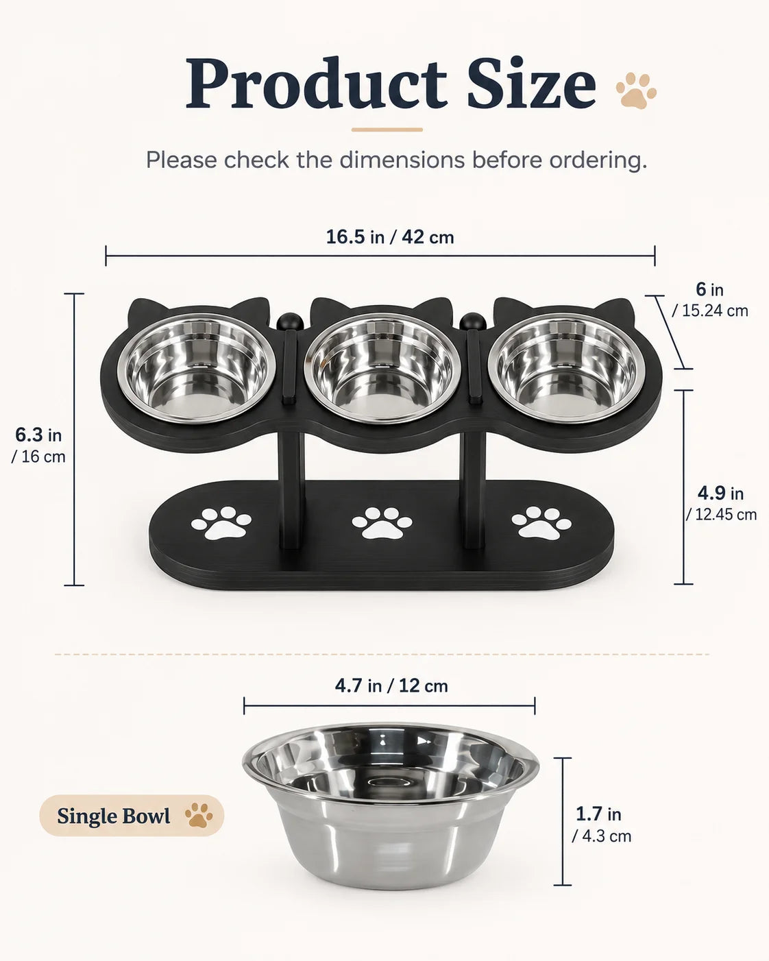 Tilted Elevated Cat Bowl Stand With Three Stainless Steel Bowls