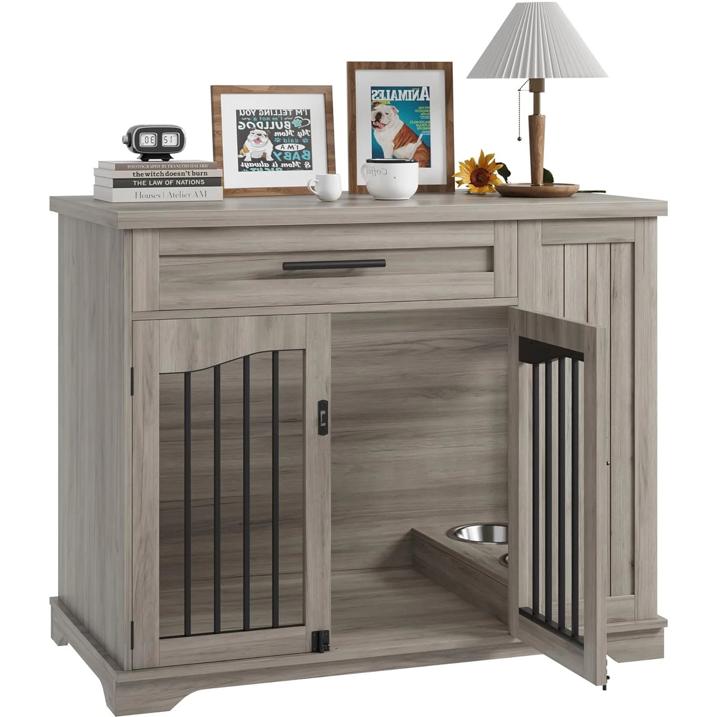 HiMISS Heavy Duty Wooden Dog Crate With Drawer Storage Feeding Station