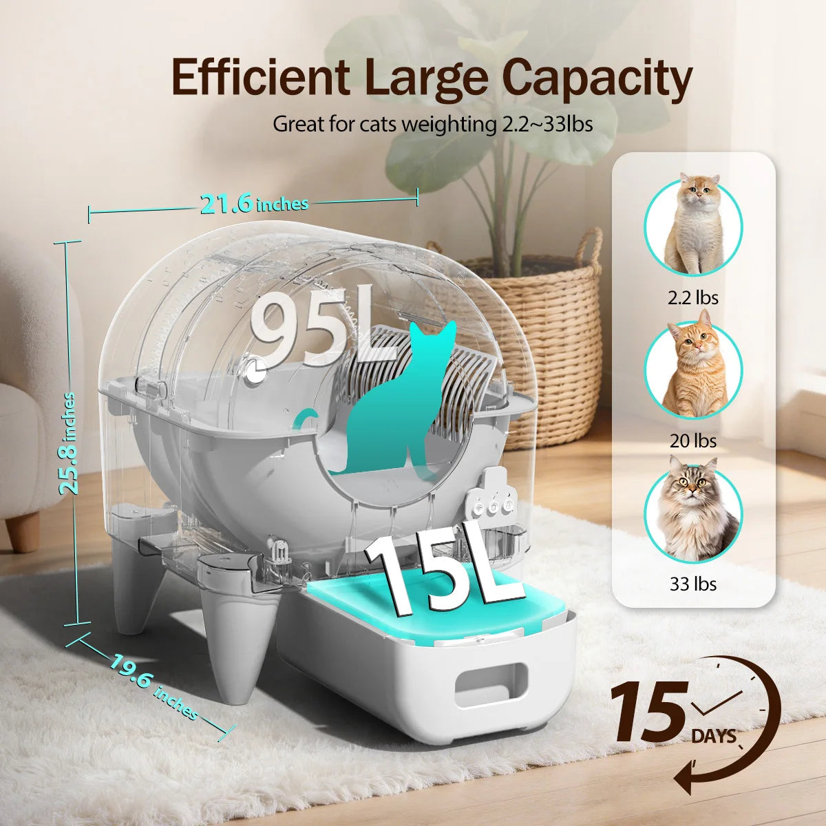 95L Automatic Smart Self Cleaning Enclosed Cat Litter Box With Infrared Sensors