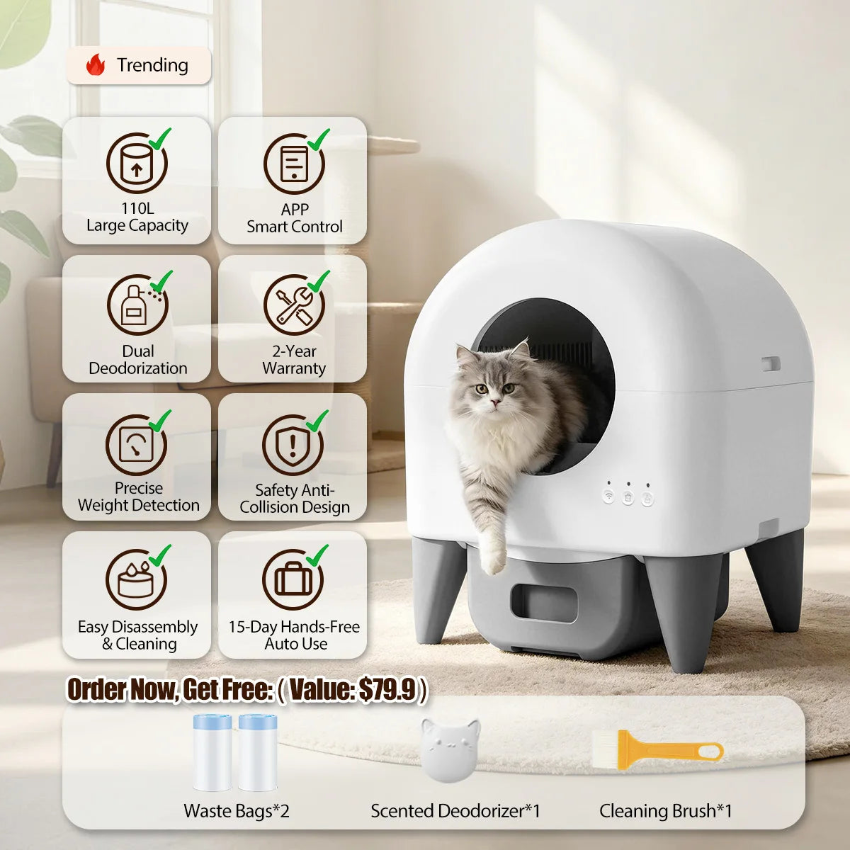 95L Automatic Smart Self Cleaning Enclosed Cat Litter Box With Infrared Sensors