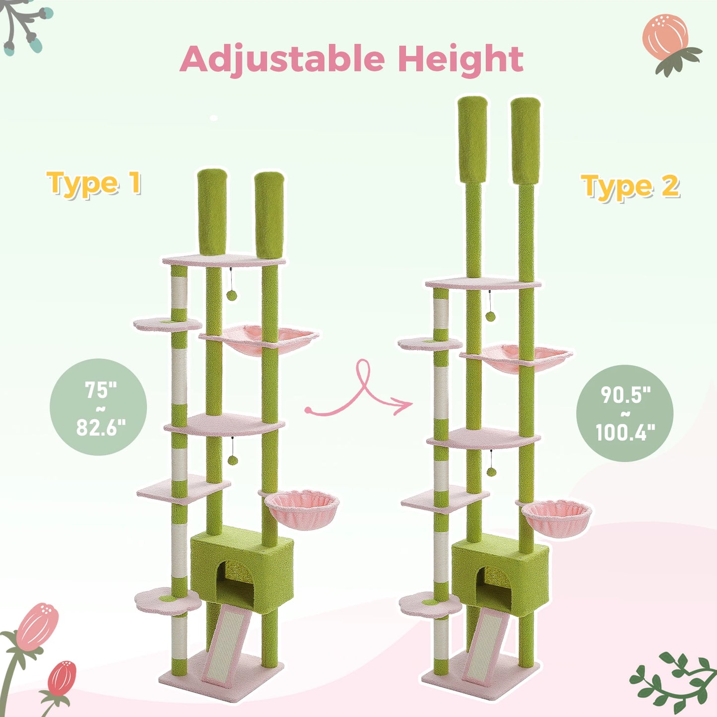 PETEPELA CN Cactus Cat Tree Floor To Ceiling Adjustable Height