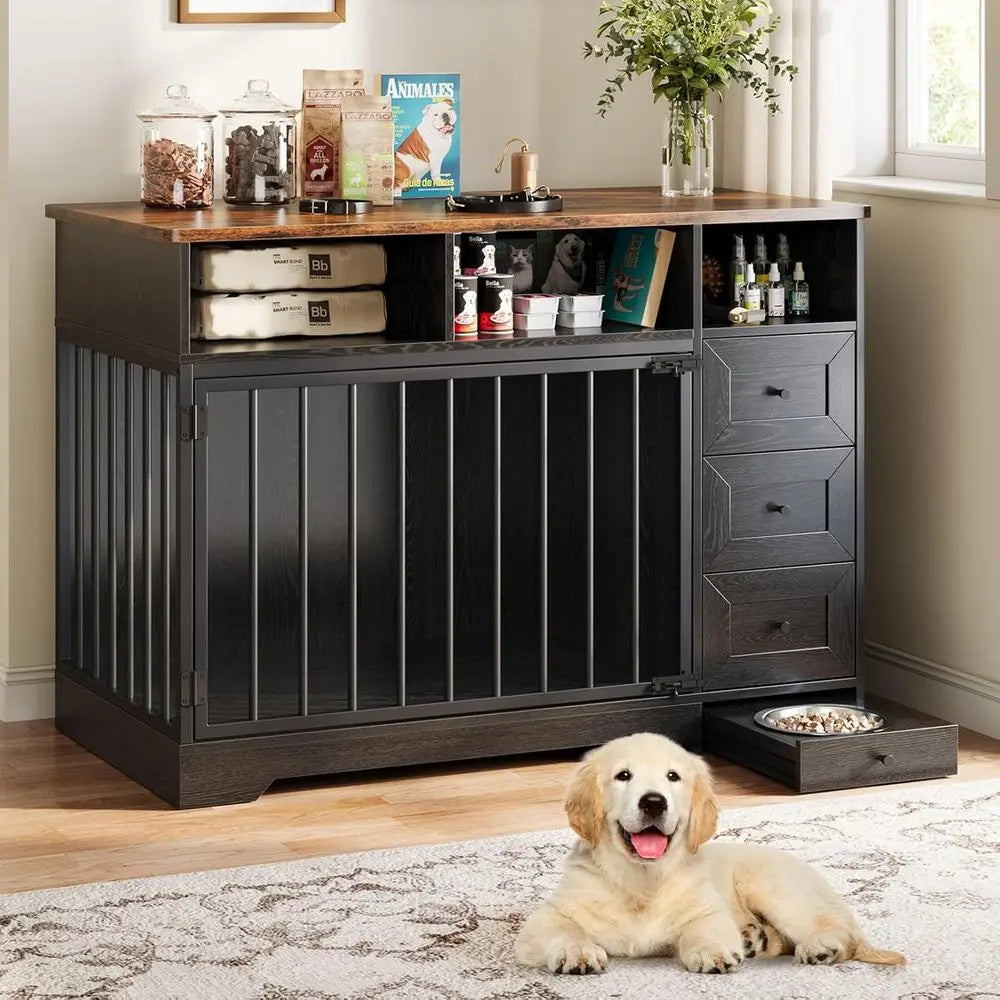 Farmhouse Heavy Duty Dog Crate End Table With Bowl And Drawers