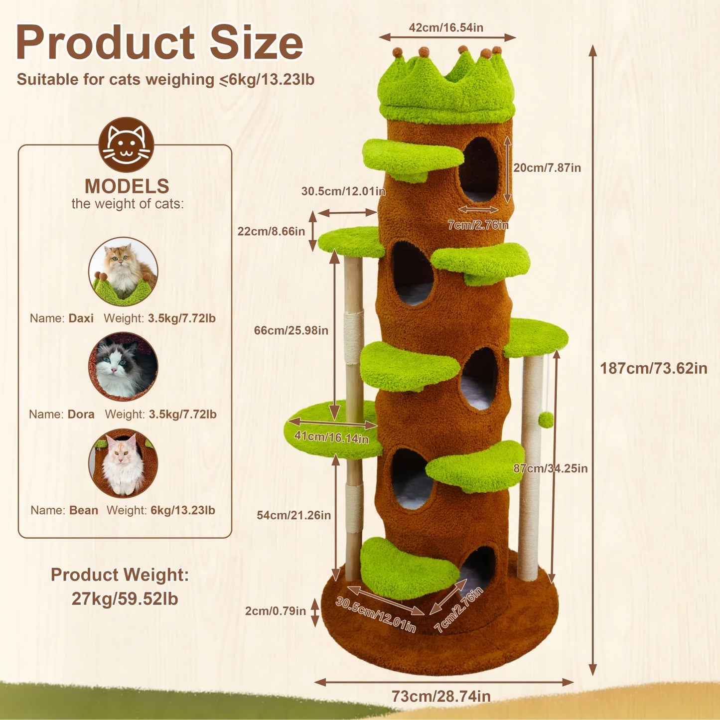 Wooden Cat Tree Tower With Crown Perch And Plush Steps