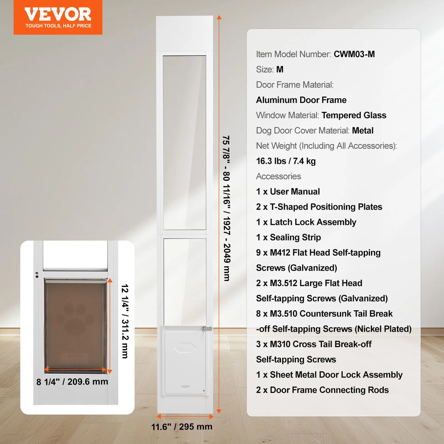 Adjustable Aluminum Sliding Glass Dog Door With Tempered Glass Panel