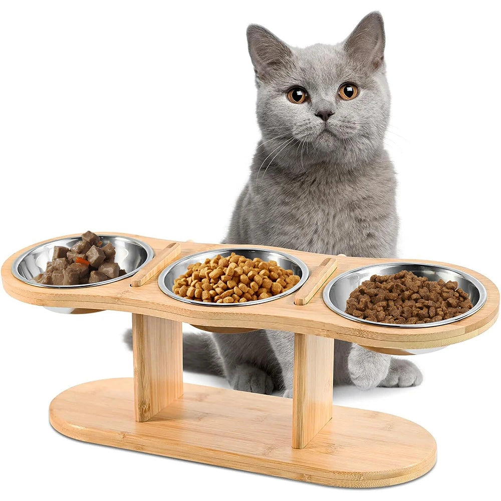 PETRAVEL Cat Food Feeder With 3 Bowls Tilted 15 Degree Raised