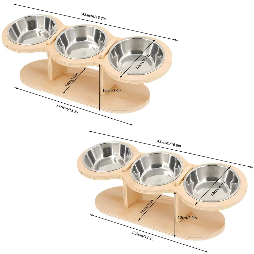 Elevated Cat Feeder With 3 Stainless Steel Bowls Wood Stand