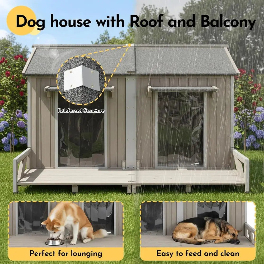 Weather Resistant Outdoor Wooden Dog House Two Doors Secure Enclosure