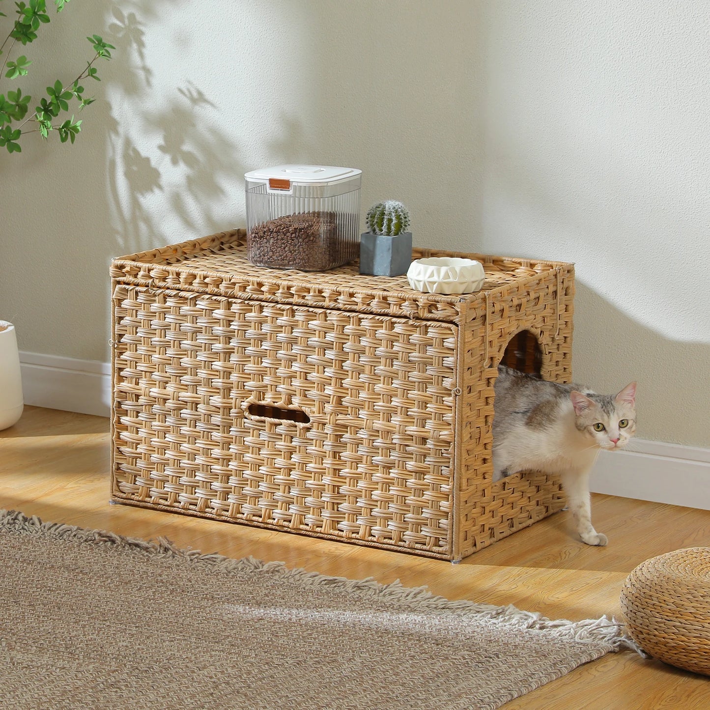 PEQULTI Rattan Cat Litter Box Enclosure With Flip-Up Door
