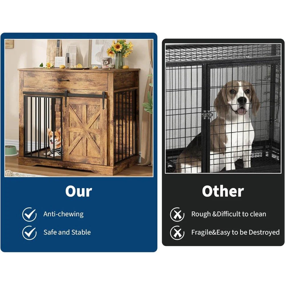 HiMISS Farmhouse 2 In 1 Iron Wood Dog Crate End Table