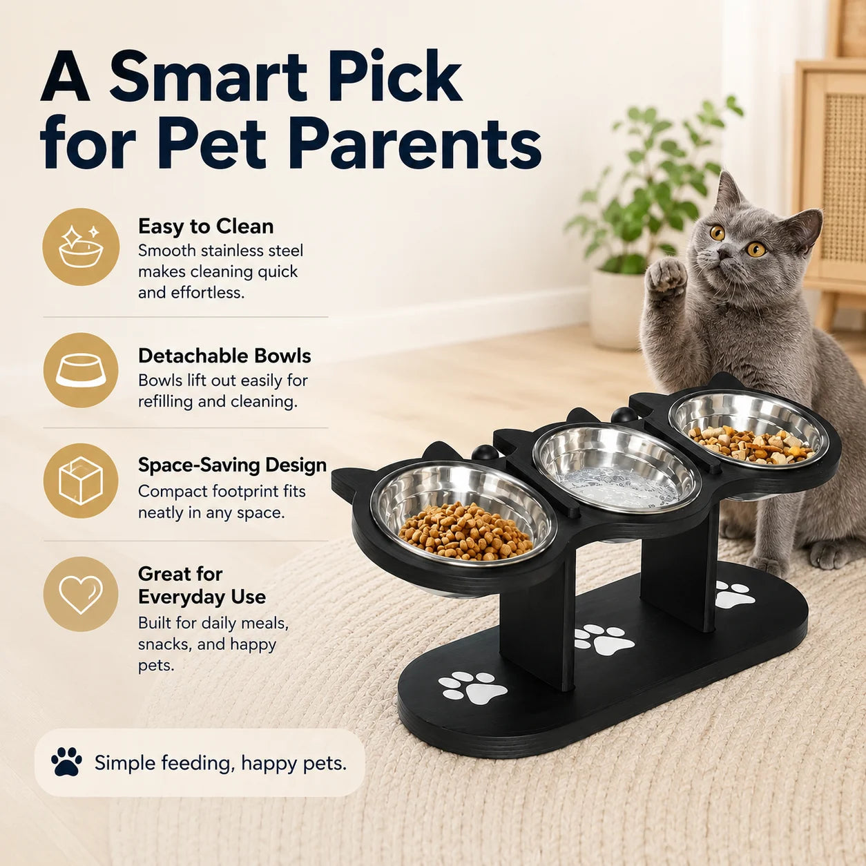 Tilted Elevated Cat Bowl Stand With Three Stainless Steel Bowls