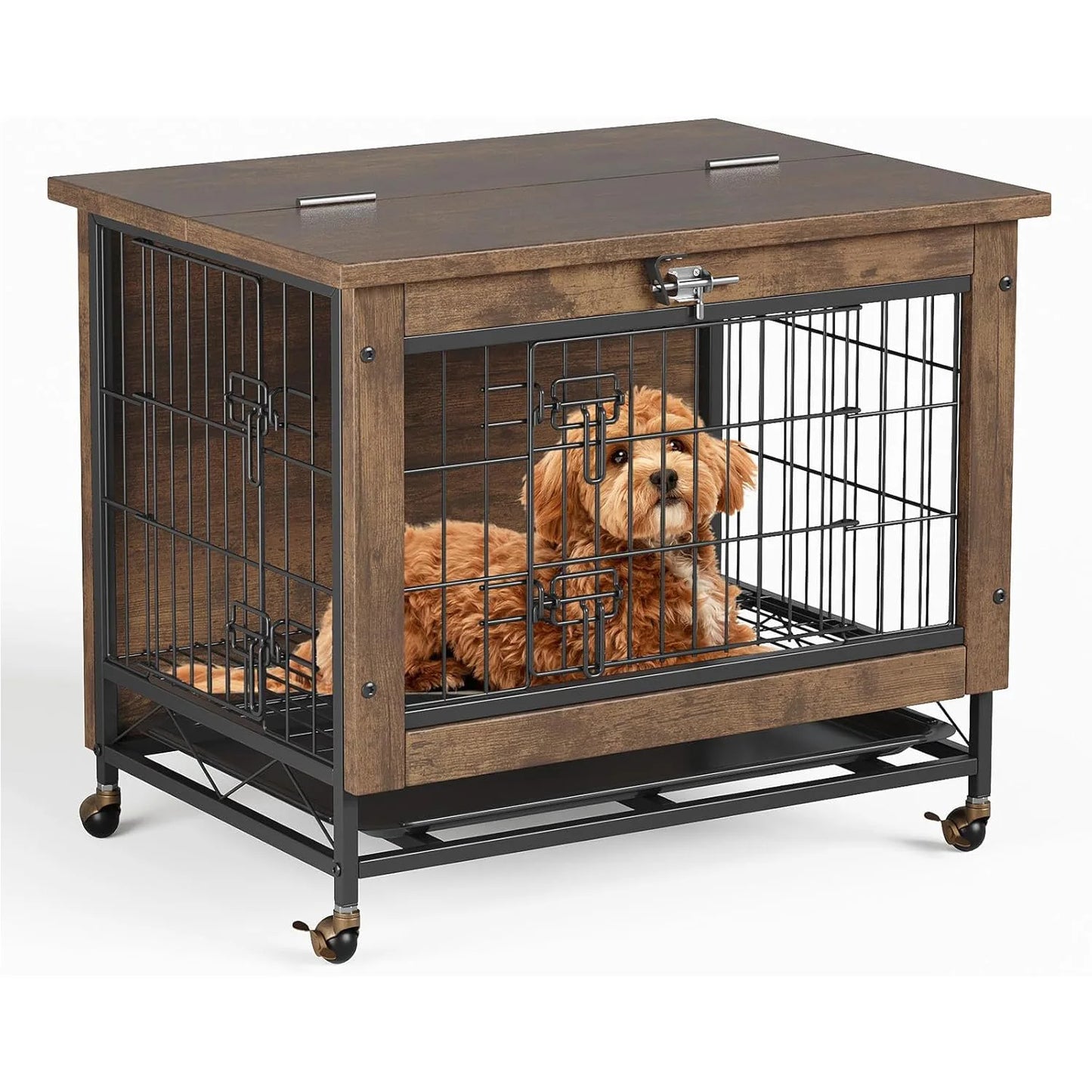 HiMISS Rustic Wood Metal Dog Crate End Table With Wheels