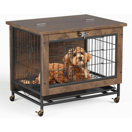 HiMISS Rustic Wood Metal Dog Crate End Table With Wheels