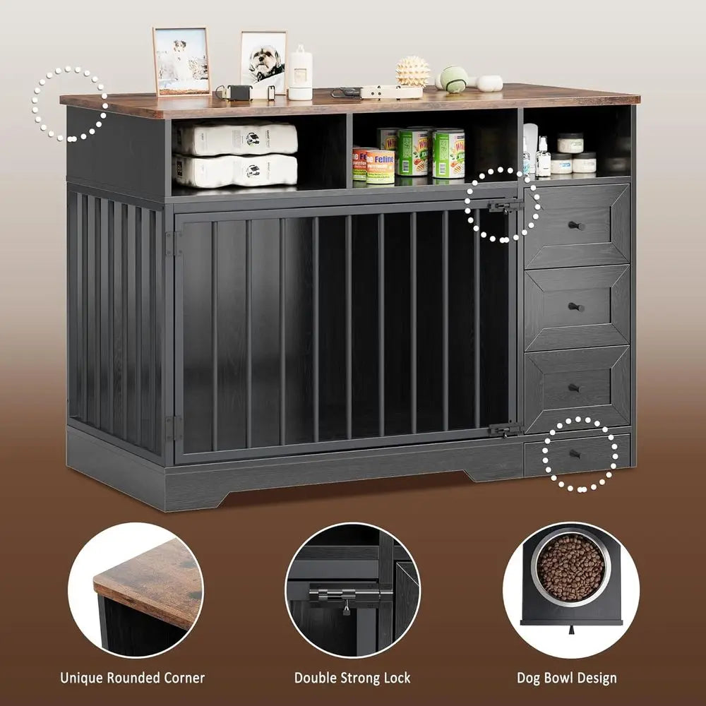 Farmhouse Heavy Duty Dog Crate End Table With Bowl And Drawers