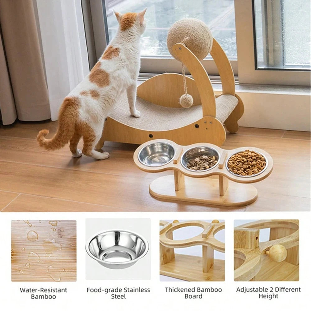 Elevated Cat Feeder With 3 Stainless Steel Bowls Wood Stand