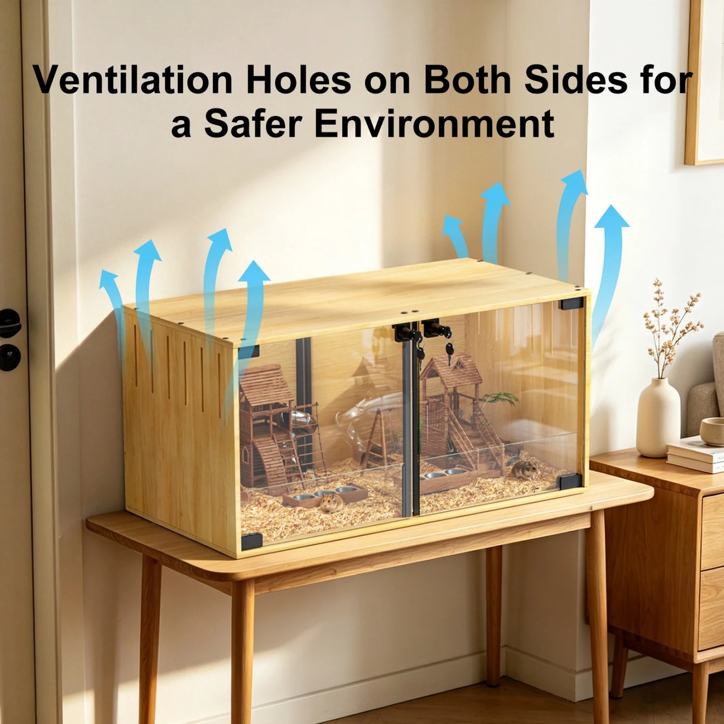 Wooden Small Animal Cage With Tempered Glass And Removable Divider