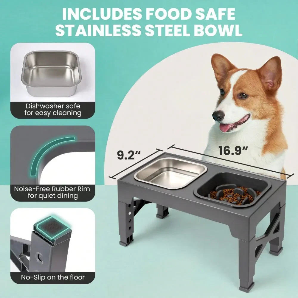 Stainless Steel Elevated Dog Bowl With Slow Feeder
