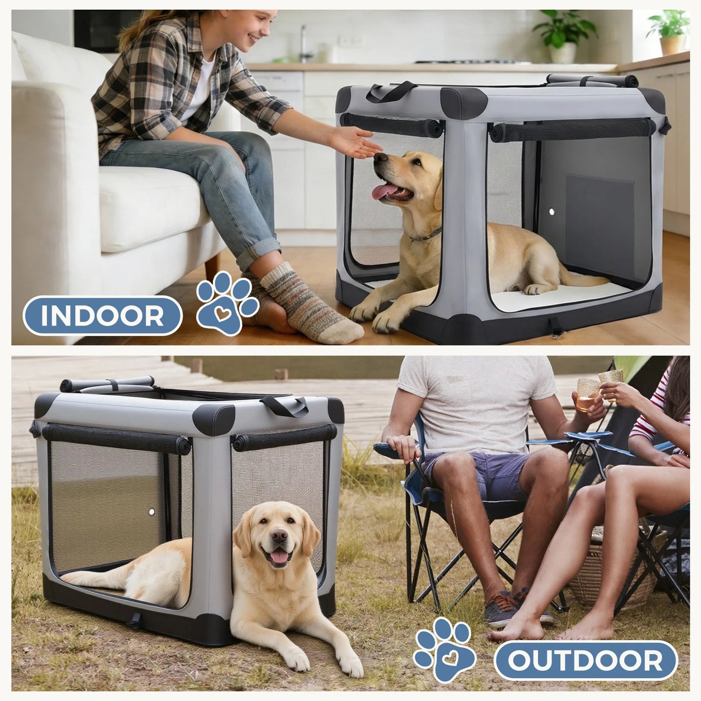 JHK Foldable Soft Dog Crate With 3 Doors Kennel Indoor