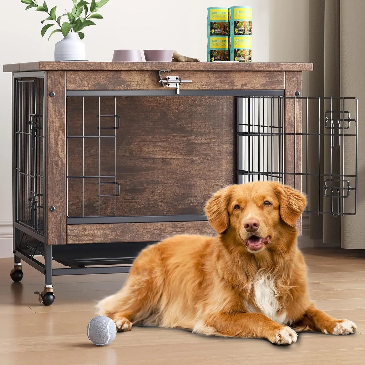 HiMISS Dog Crate Furniture With Wheels And Dual Doors