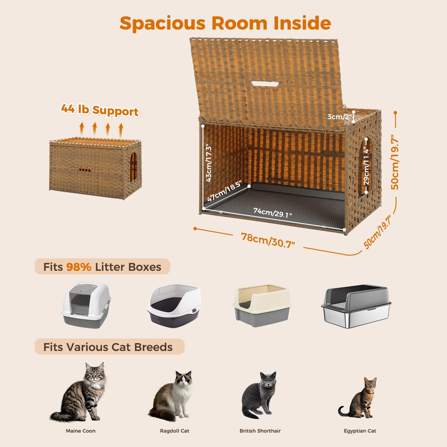 PEQULTI Rattan Cat Litter Box Enclosure With Flip-Up Door