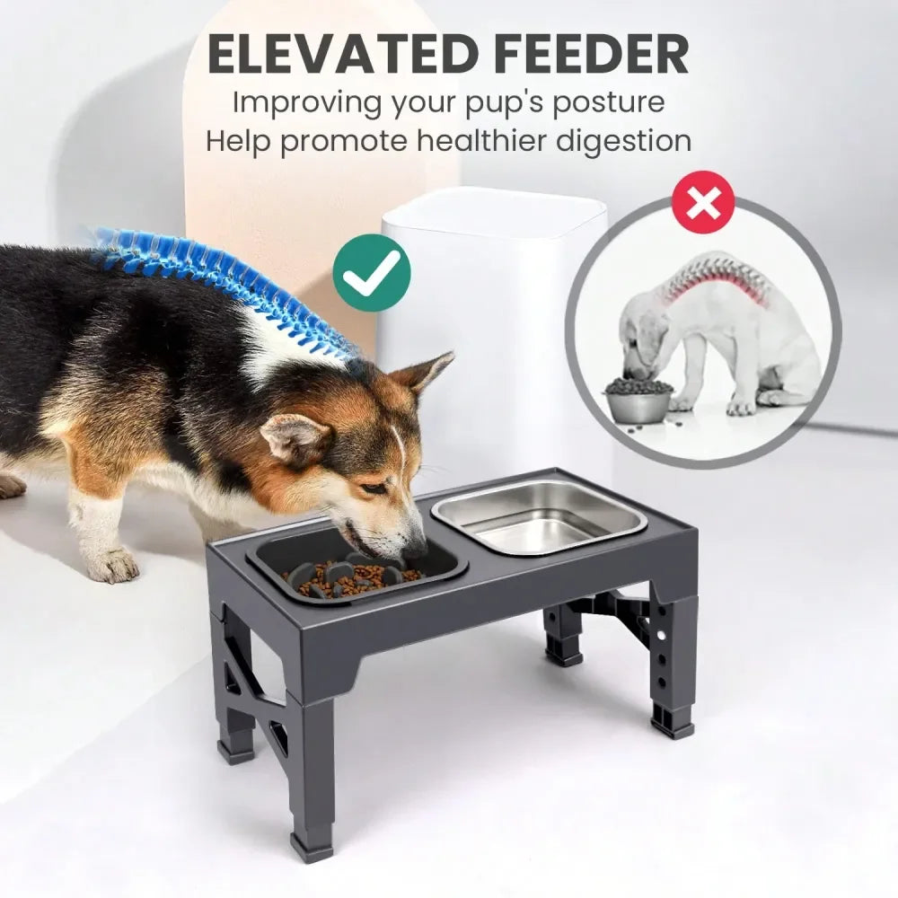 Stainless Steel Elevated Dog Bowl With Slow Feeder