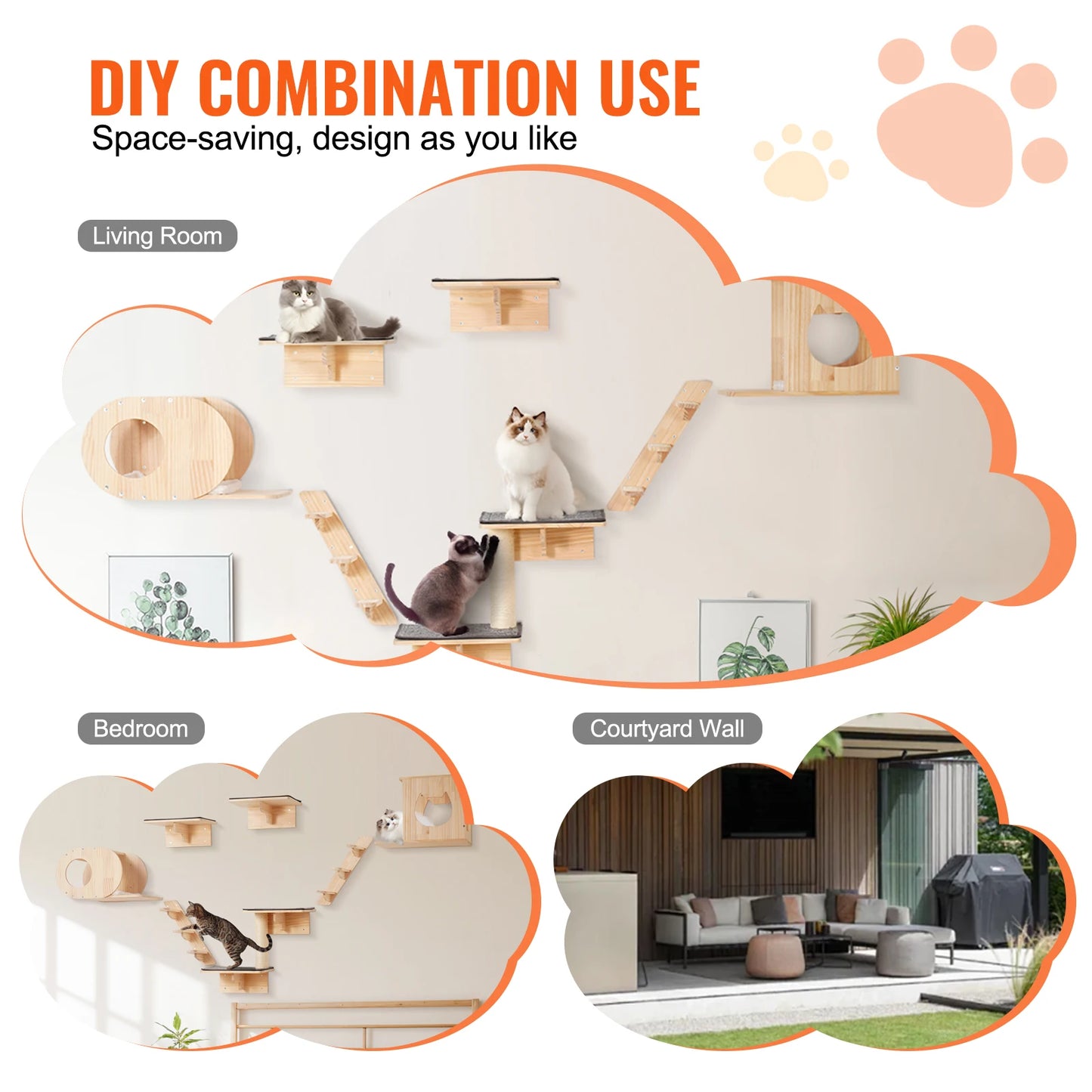 SucceBuy Wall Mounted Pine Wood Cat Tree With Hammock