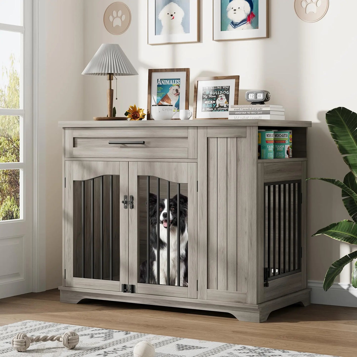 HiMISS Heavy Duty Wooden Dog Crate With Drawer Storage Feeding Station