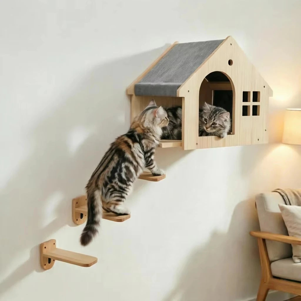 Wall Mounted Wooden Cat Villa Shelf Furniture For Sleeping