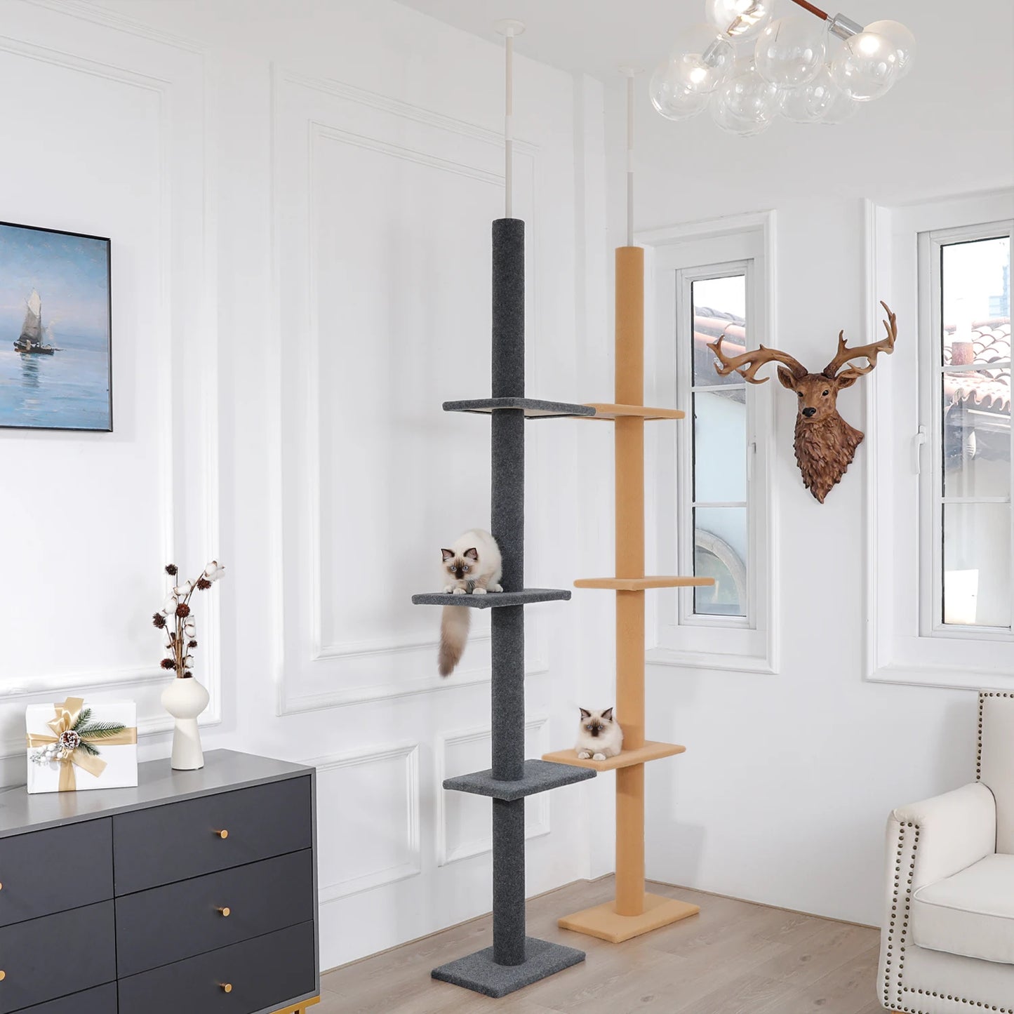 Pequlti Adjustable Height Cat Tree Indoor Tower With Scratching Posts