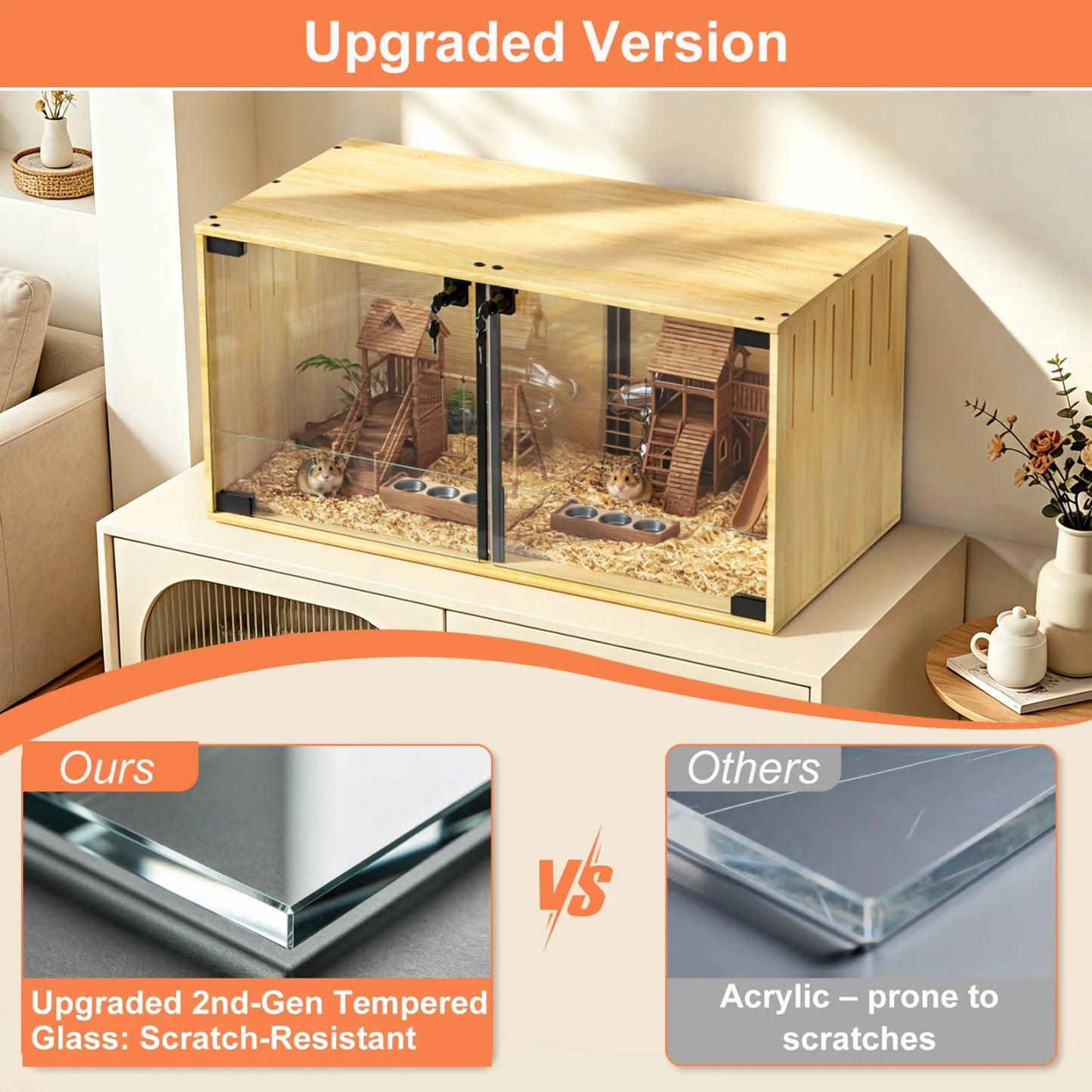 Wooden Small Animal Cage With Tempered Glass And Removable Divider