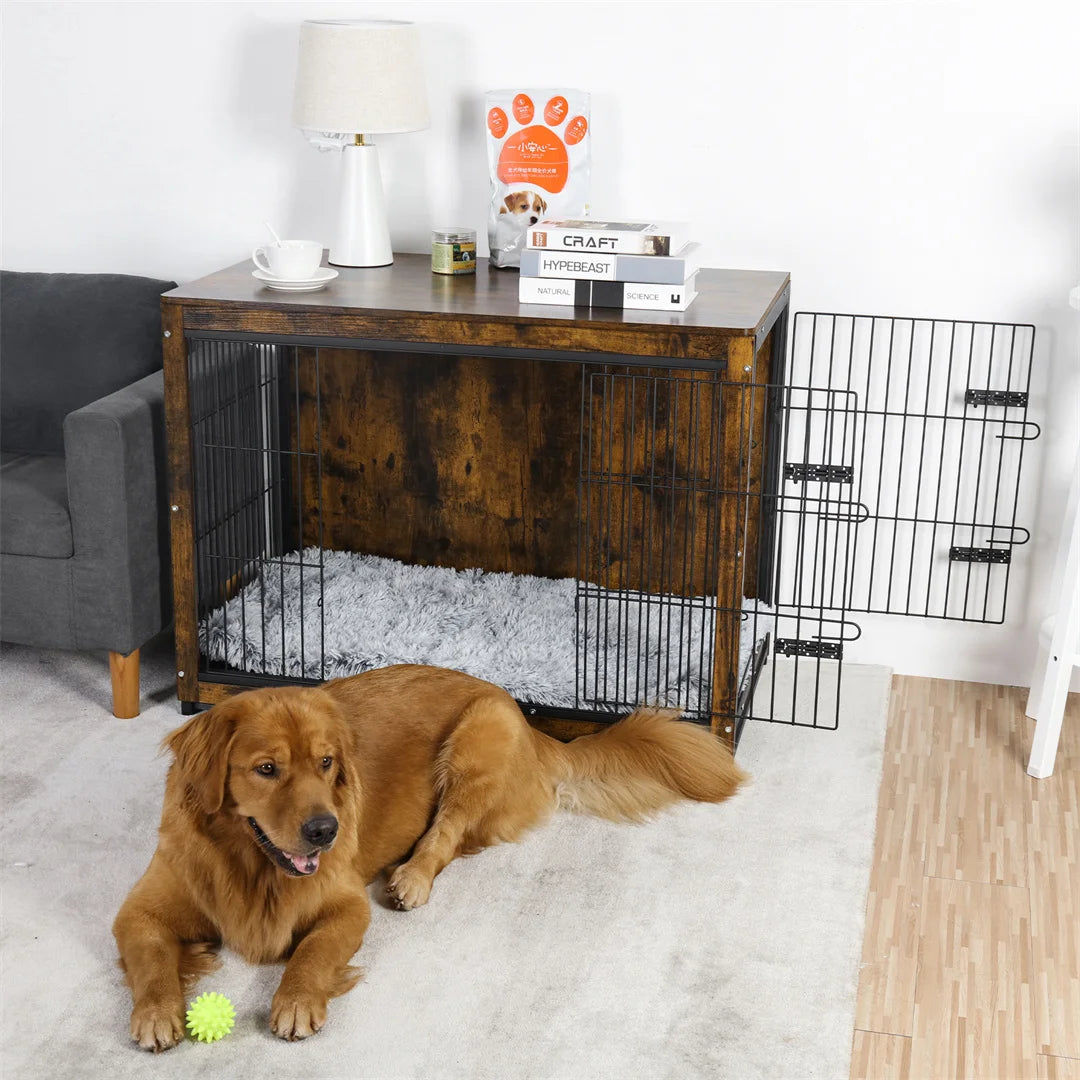 Wooden Dog Crate End Table With Double Doors Indoor Use