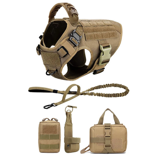 Adjustable Tactical Dog Harness With Leash And Detachable Pocket Pack