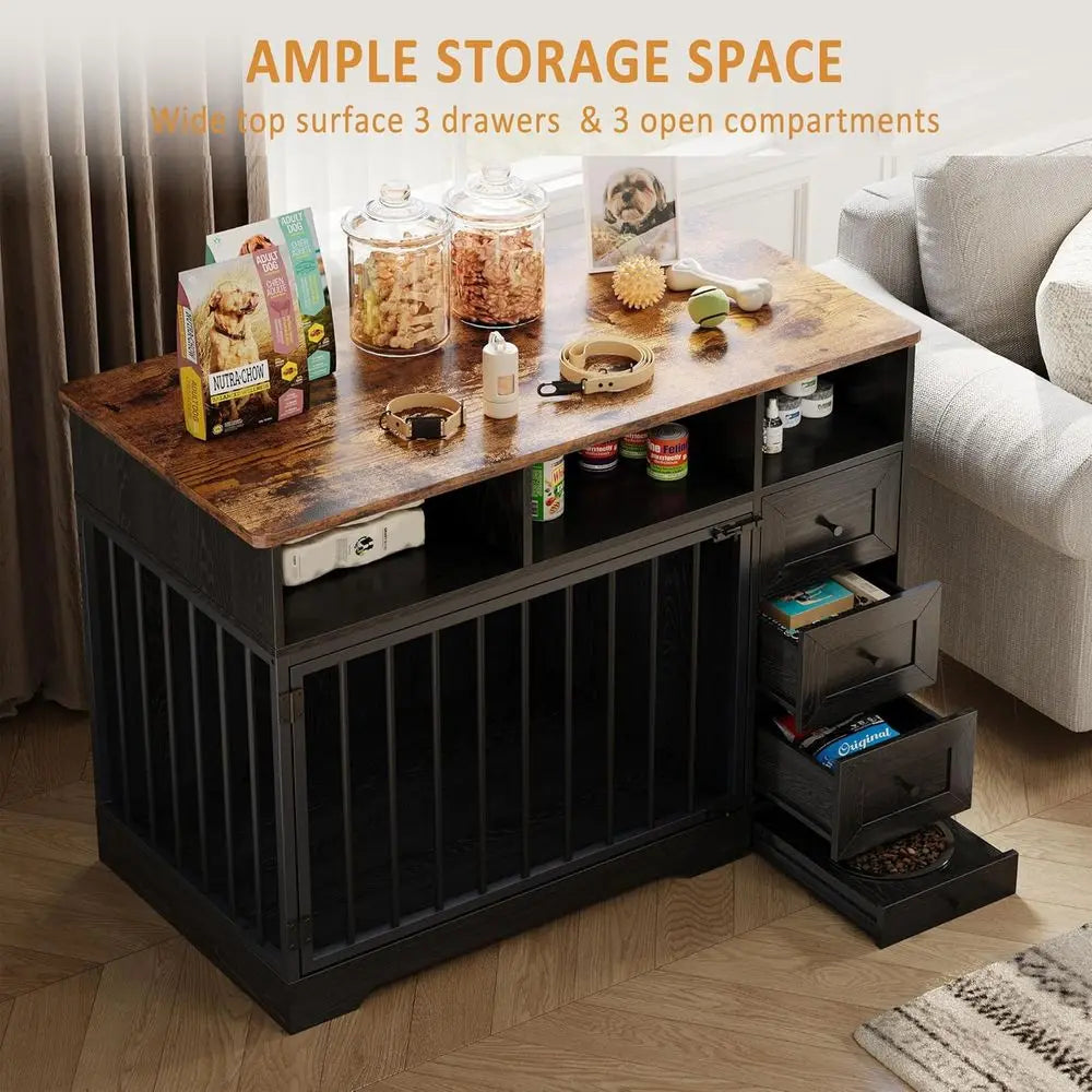 Farmhouse Heavy Duty Dog Crate End Table With Bowl And Drawers