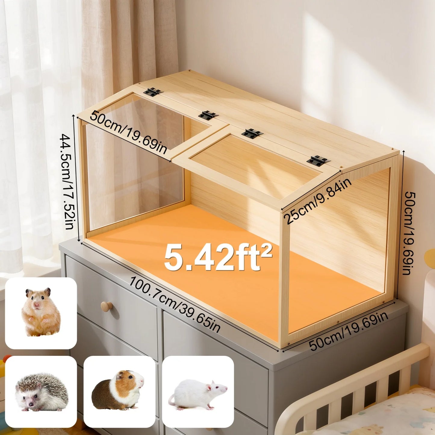 Wooden Small Pet Cage With Tempered Glass Panels And Led Light