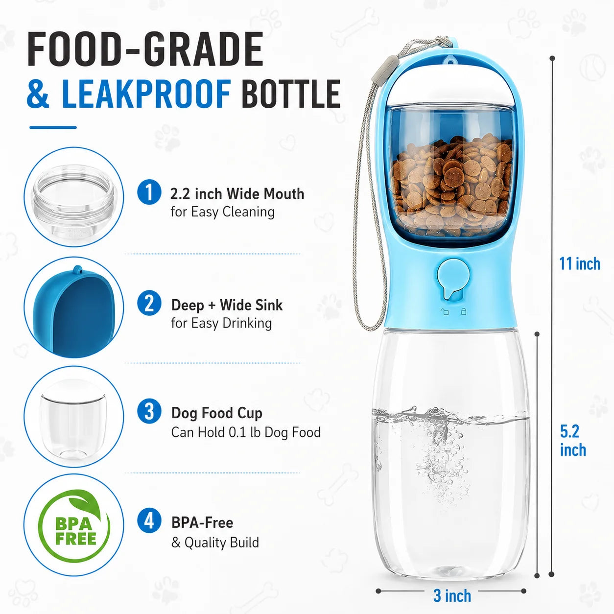 Portable Pet Water Bottle With Food Container Travel Dispenser