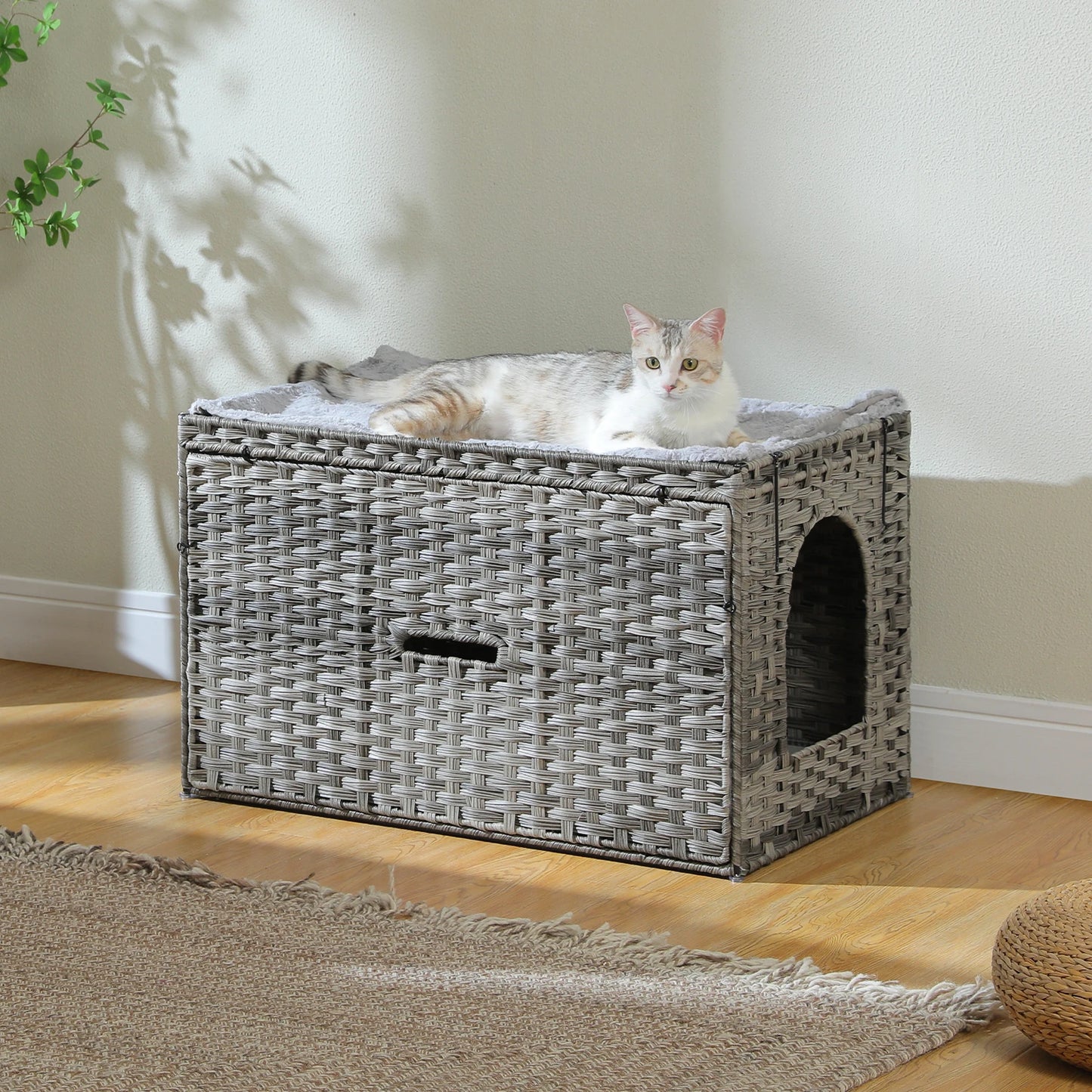 PEQULTI Rattan Cat Litter Box Enclosure With Flip-Up Door