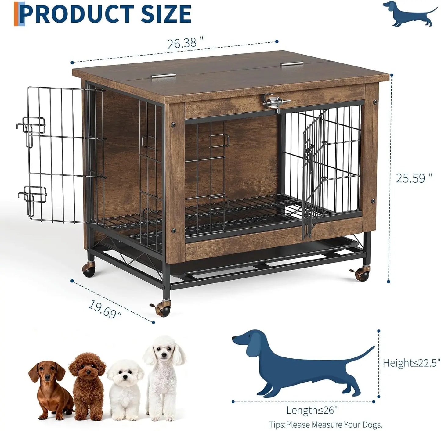 HiMISS Rustic Wood Metal Dog Crate End Table With Wheels