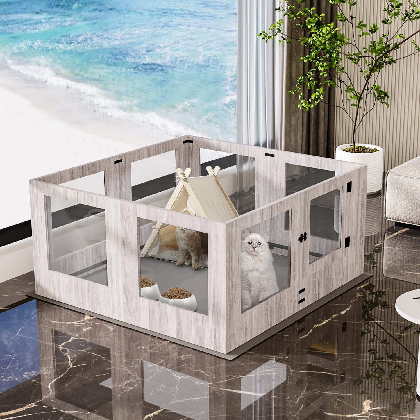 BINGOPAW Tempered Glass Dog Playpen With 8 Panels Waterproof Pad