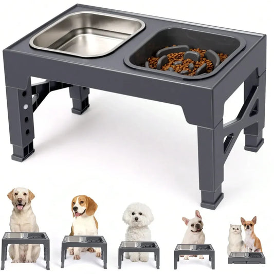 Stainless Steel Elevated Dog Bowl With Slow Feeder