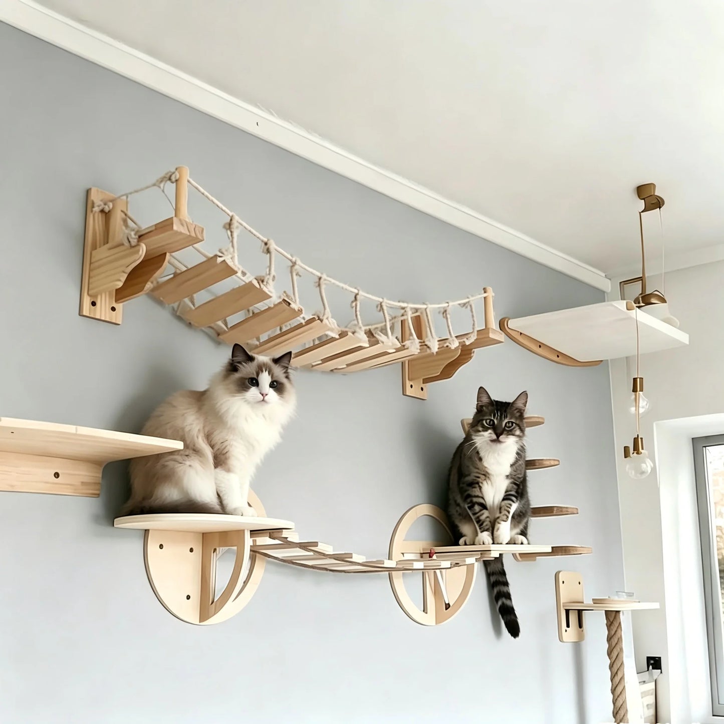 Wall Mounted Pine Wood Cat Bridge With Sisal Rope Steps