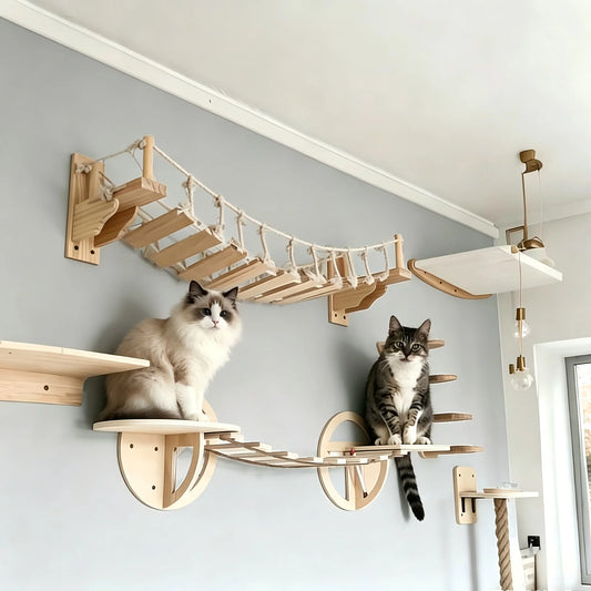 Wall Mounted Pine Wood Cat Bridge With Sisal Rope Steps